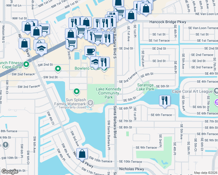 map of restaurants, bars, coffee shops, grocery stores, and more near 360 Santa Barbara Boulevard in Cape Coral