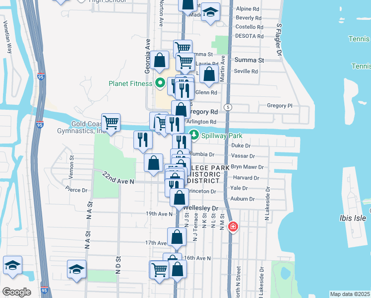 map of restaurants, bars, coffee shops, grocery stores, and more near in Lake Worth