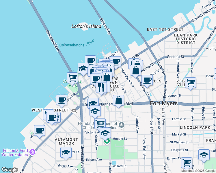 map of restaurants, bars, coffee shops, grocery stores, and more near in Fort Myers