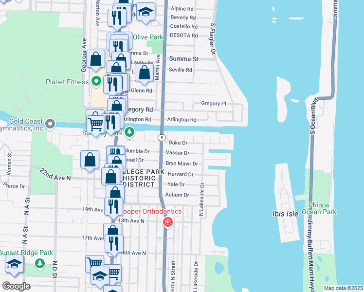 map of restaurants, bars, coffee shops, grocery stores, and more near 145 Duke Drive in Lake Worth