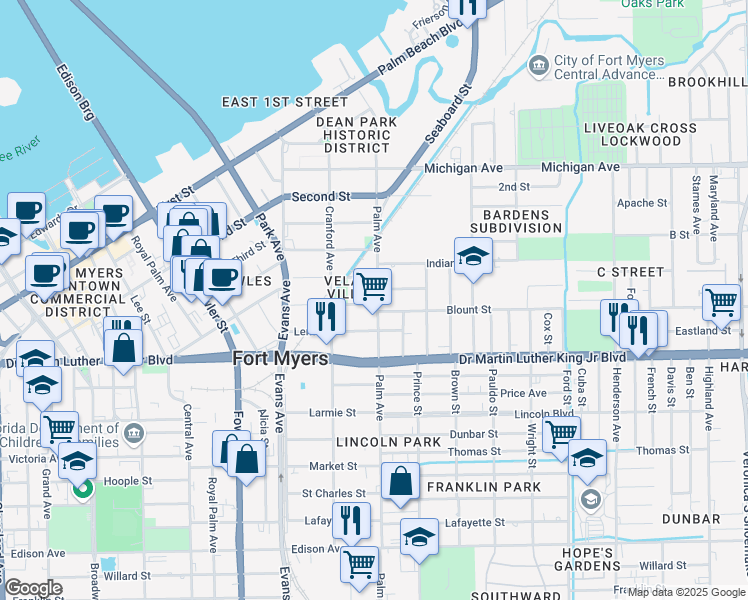 map of restaurants, bars, coffee shops, grocery stores, and more near 2771 Orange Street in Fort Myers
