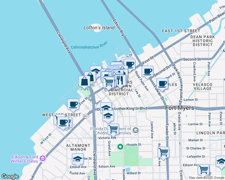map of restaurants, bars, coffee shops, grocery stores, and more near 33 Patio De Leon in Fort Myers