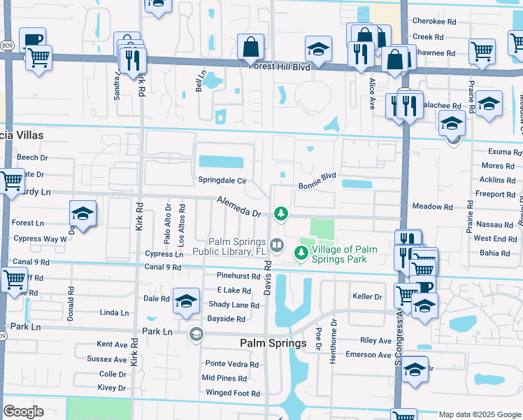map of restaurants, bars, coffee shops, grocery stores, and more near 304 Alemeda Drive in Palm Springs