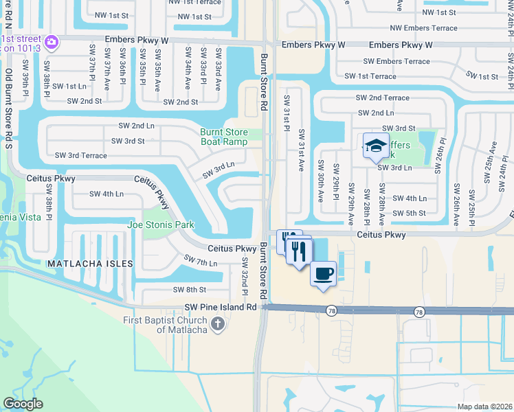map of restaurants, bars, coffee shops, grocery stores, and more near 3206 Southwest 4th Lane in Cape Coral
