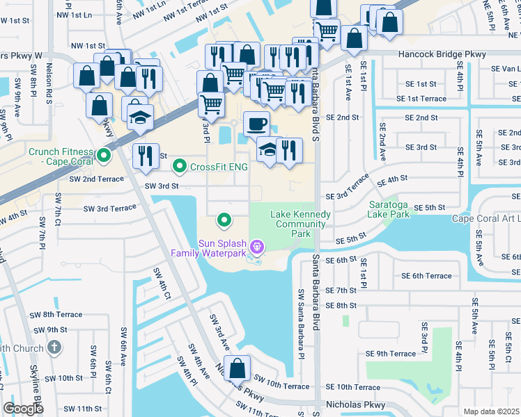 map of restaurants, bars, coffee shops, grocery stores, and more near 325 Southwest 2nd Avenue in Cape Coral
