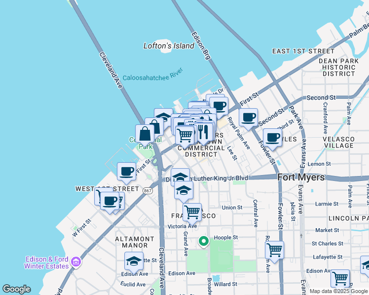 map of restaurants, bars, coffee shops, grocery stores, and more near 33 Patio De Leon in Fort Myers
