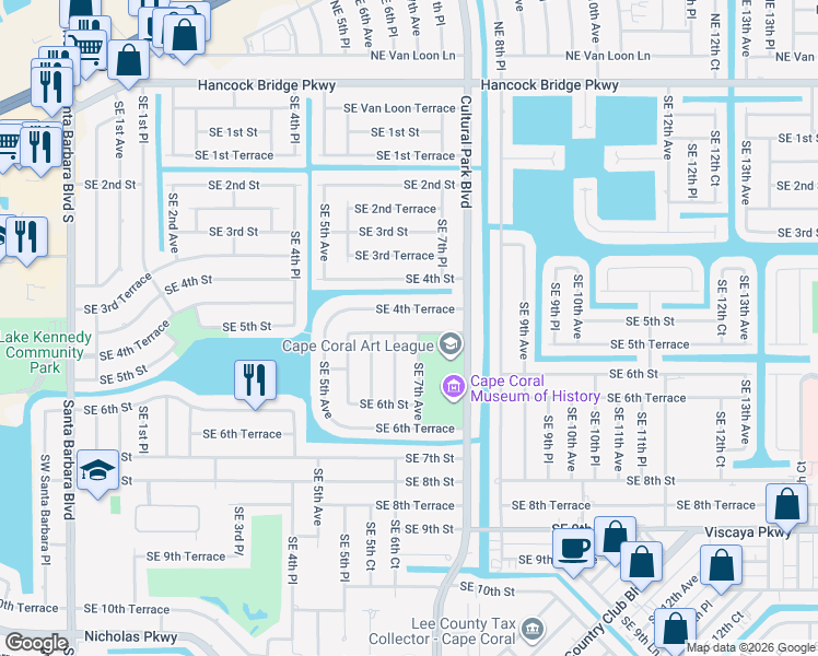 map of restaurants, bars, coffee shops, grocery stores, and more near 505 Southeast 6th Place in Cape Coral