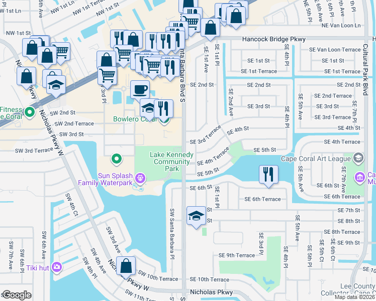 map of restaurants, bars, coffee shops, grocery stores, and more near 324 Southeast Santa Barbara Place in Cape Coral
