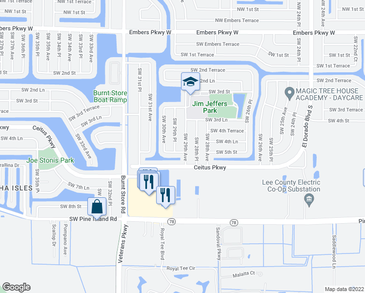 map of restaurants, bars, coffee shops, grocery stores, and more near 424 Southwest 29th Avenue in Cape Coral