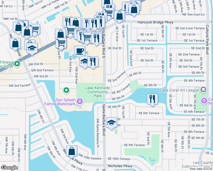 map of restaurants, bars, coffee shops, grocery stores, and more near 321 Santa Barbara Boulevard in Cape Coral