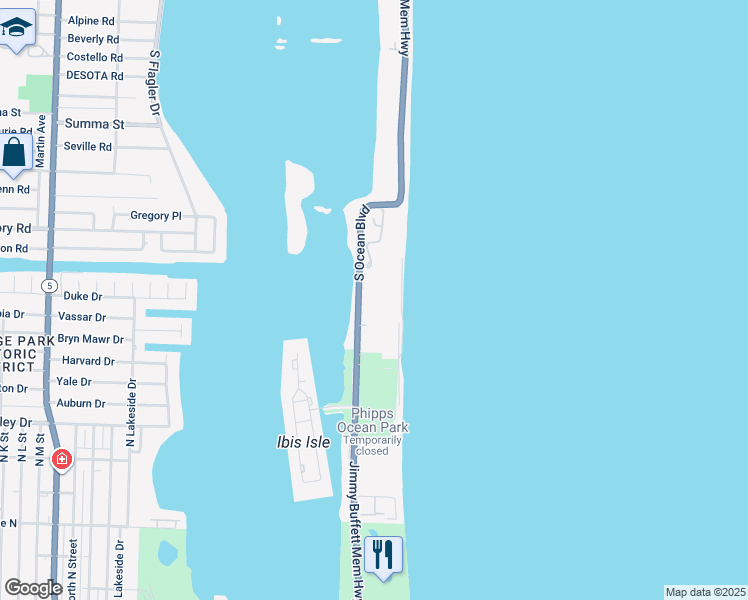 map of restaurants, bars, coffee shops, grocery stores, and more near 2100 South Ocean Boulevard in Palm Beach