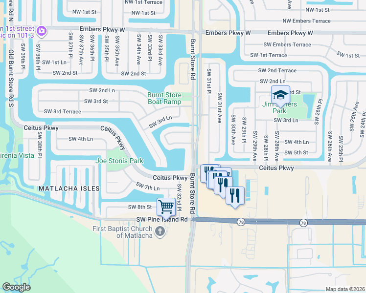 map of restaurants, bars, coffee shops, grocery stores, and more near 3206 Southwest 4th Lane in Cape Coral