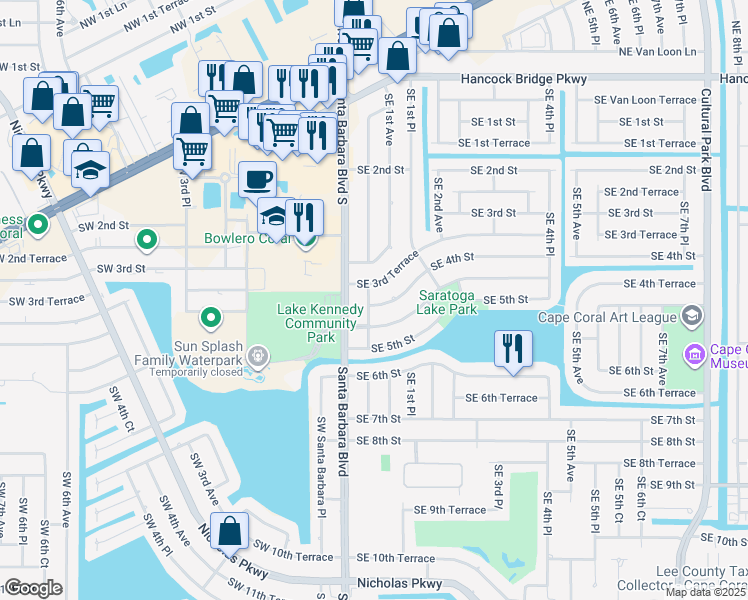 map of restaurants, bars, coffee shops, grocery stores, and more near 324 Southeast Santa Barbara Place in Cape Coral