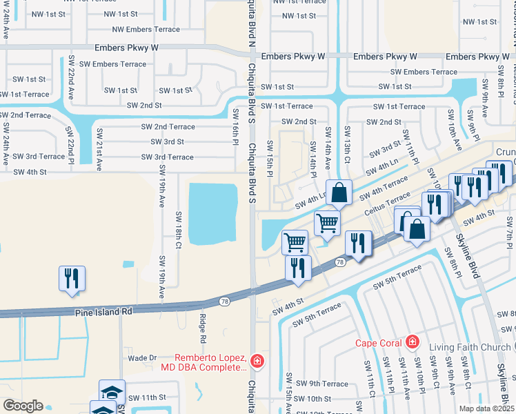 map of restaurants, bars, coffee shops, grocery stores, and more near 425 Chiquita Boulevard South in Cape Coral