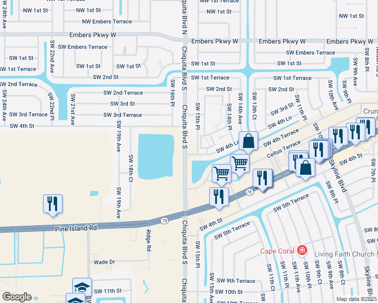 map of restaurants, bars, coffee shops, grocery stores, and more near 425 Chiquita Boulevard South in Cape Coral