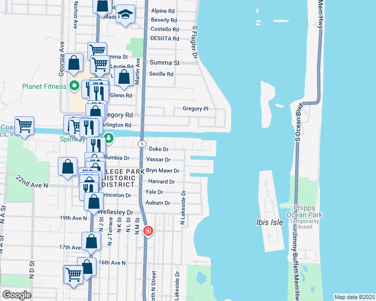 map of restaurants, bars, coffee shops, grocery stores, and more near 2415 North Lakeside Drive in Lake Worth