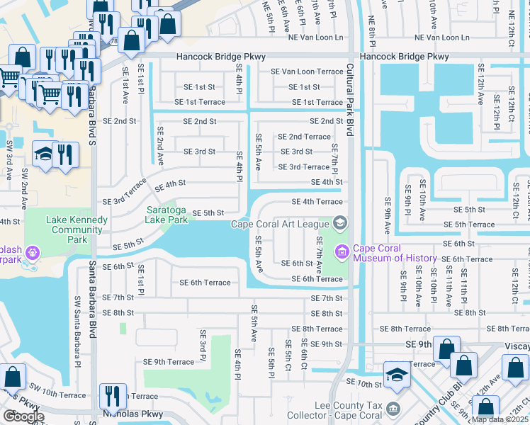 map of restaurants, bars, coffee shops, grocery stores, and more near 512 Southeast 5th Avenue in Cape Coral