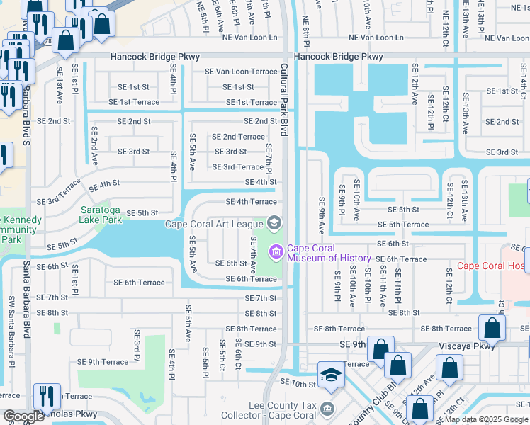 map of restaurants, bars, coffee shops, grocery stores, and more near 711 Southeast 5th Street in Cape Coral