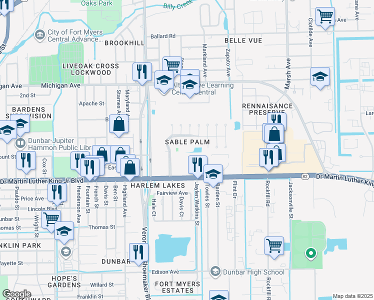map of restaurants, bars, coffee shops, grocery stores, and more near 3706 Nelson Tillis Boulevard in Fort Myers