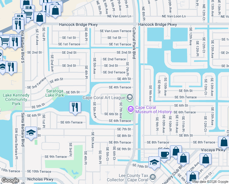 map of restaurants, bars, coffee shops, grocery stores, and more near 505 Southeast 6th Place in Cape Coral