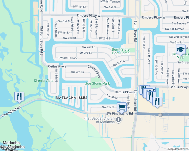 map of restaurants, bars, coffee shops, grocery stores, and more near 3511 Southwest 5th Street in Cape Coral