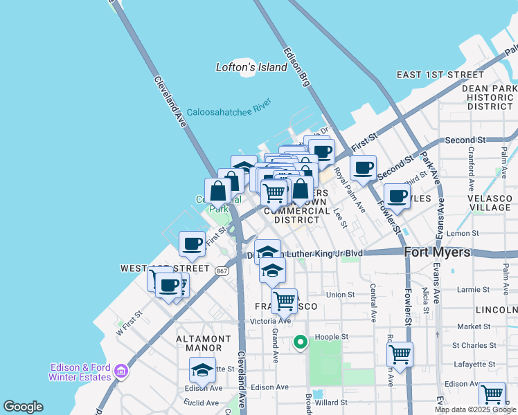 map of restaurants, bars, coffee shops, grocery stores, and more near 2110 First Street in Fort Myers