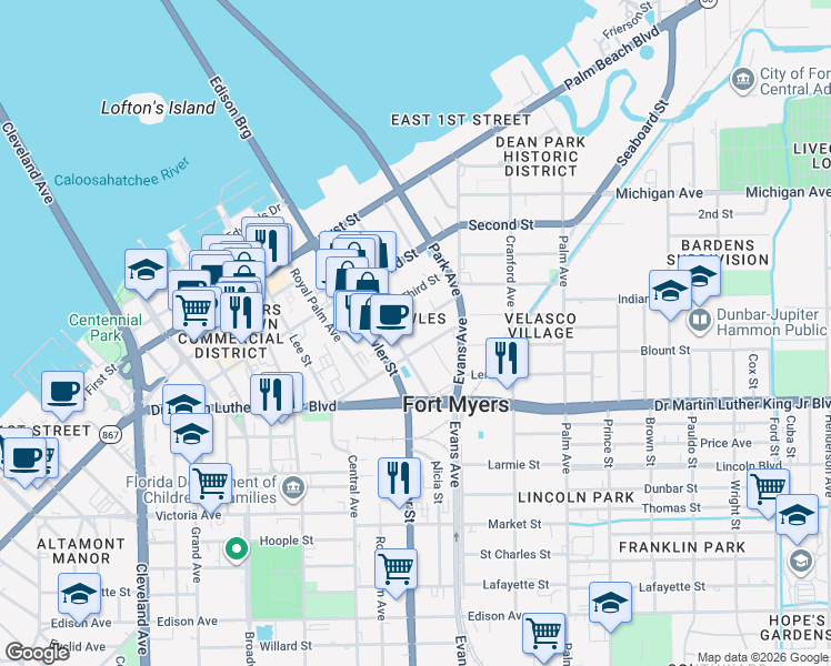 map of restaurants, bars, coffee shops, grocery stores, and more near 1815 Hough Street in Fort Myers
