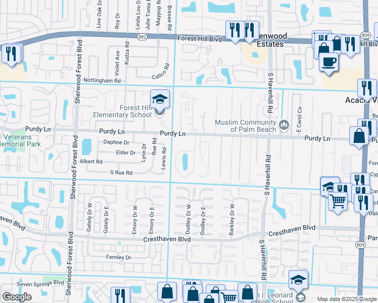map of restaurants, bars, coffee shops, grocery stores, and more near 2357 Greengate Circle in West Palm Beach