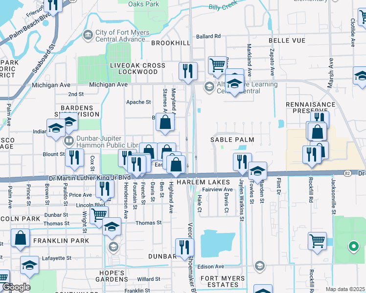 map of restaurants, bars, coffee shops, grocery stores, and more near 3505 Dale Street in Fort Myers