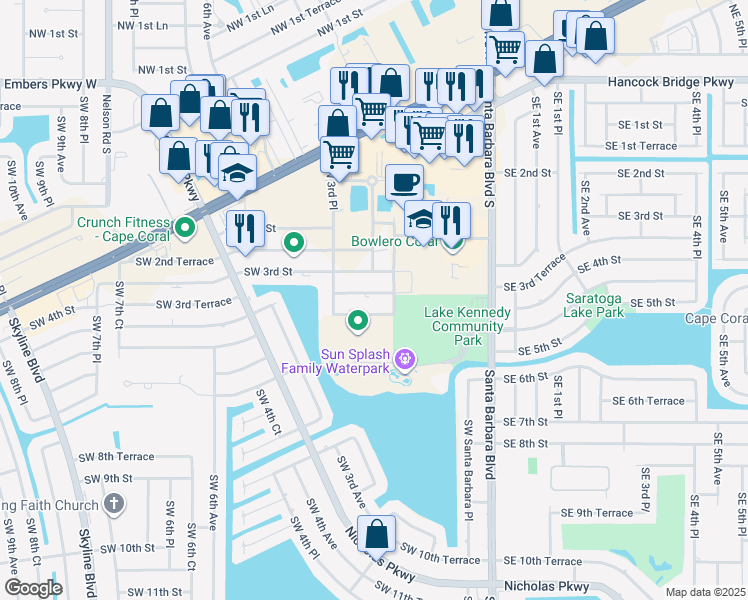 map of restaurants, bars, coffee shops, grocery stores, and more near 263 Southwest 4th Street in Cape Coral