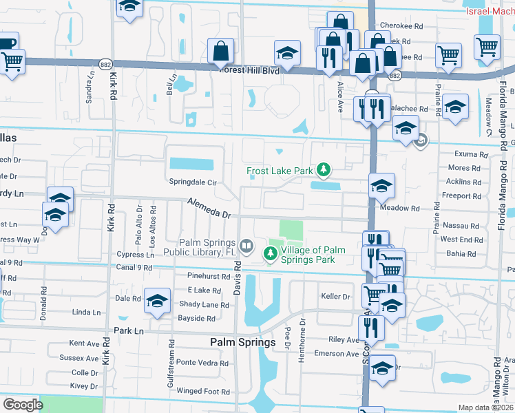 map of restaurants, bars, coffee shops, grocery stores, and more near 252 Alemeda Drive in Palm Springs