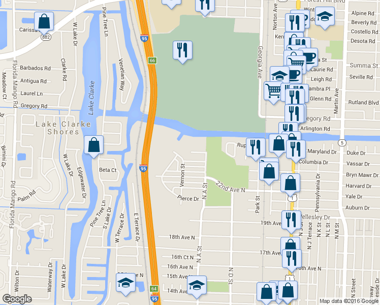 map of restaurants, bars, coffee shops, grocery stores, and more near 1901 Brentwood Avenue in Lake Worth