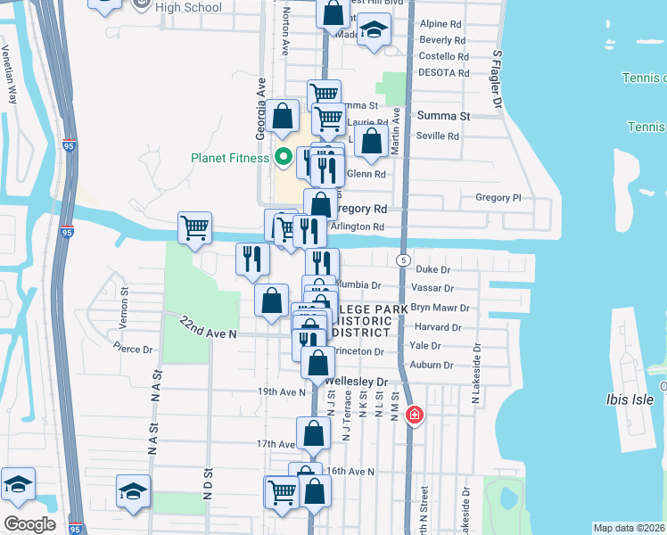 map of restaurants, bars, coffee shops, grocery stores, and more near 314 Columbia Drive in Lake Worth