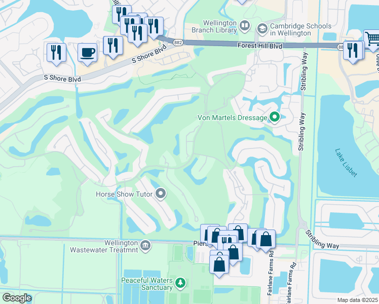 map of restaurants, bars, coffee shops, grocery stores, and more near 2571 Windsor Way Court in Wellington