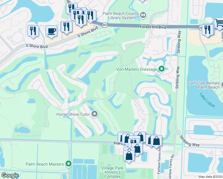 map of restaurants, bars, coffee shops, grocery stores, and more near 2571 Windsor Way Court in Wellington