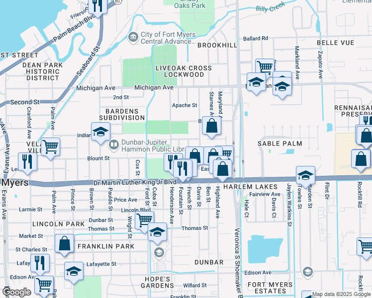 map of restaurants, bars, coffee shops, grocery stores, and more near 1897 French Street in Fort Myers