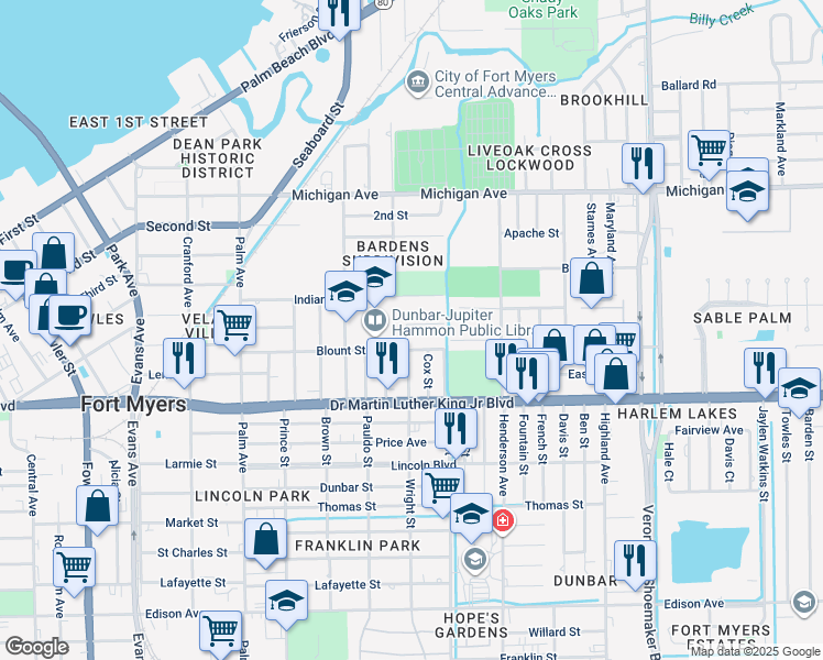 map of restaurants, bars, coffee shops, grocery stores, and more near 3145 Blount Street in Fort Myers