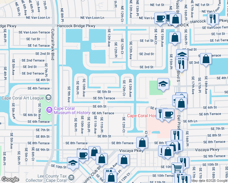 map of restaurants, bars, coffee shops, grocery stores, and more near 1205 Southeast 5th Terrace in Cape Coral