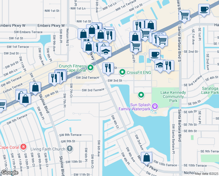 map of restaurants, bars, coffee shops, grocery stores, and more near 402 Southwest 3rd Court in Cape Coral