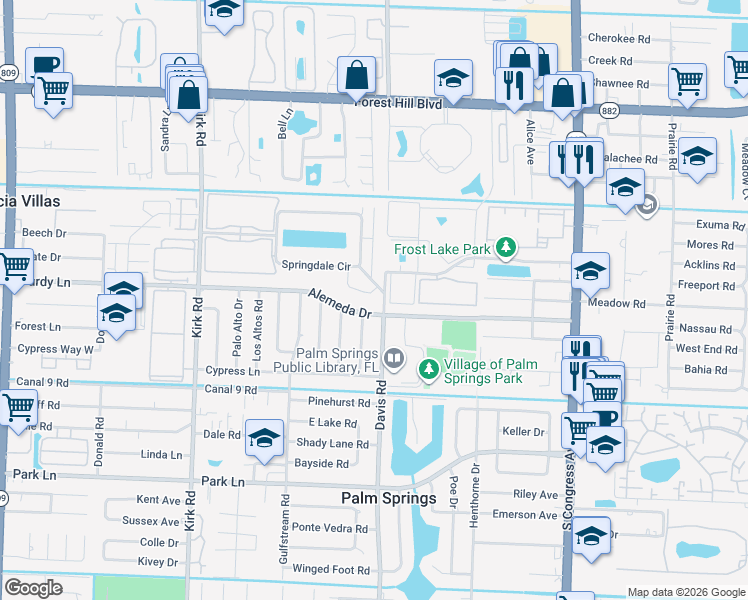 map of restaurants, bars, coffee shops, grocery stores, and more near 304 Alemeda Drive in Palm Springs