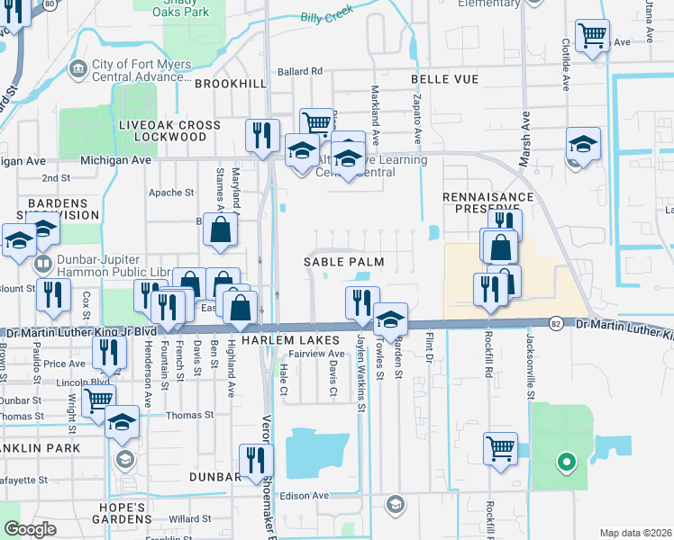 map of restaurants, bars, coffee shops, grocery stores, and more near 3701 Sabal Palm Blvd in Fort Myers