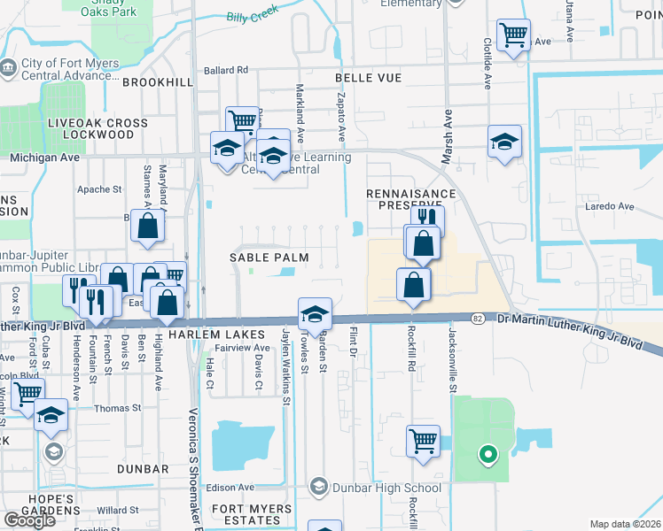 map of restaurants, bars, coffee shops, grocery stores, and more near 1838 Palmdale Court in Fort Myers