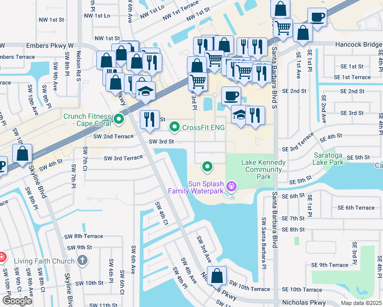 map of restaurants, bars, coffee shops, grocery stores, and more near 285 Southwest 4th Street in Cape Coral