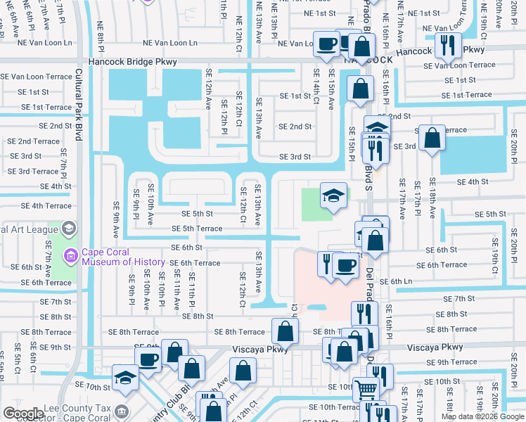 map of restaurants, bars, coffee shops, grocery stores, and more near 444 Southeast 13th Avenue in Cape Coral