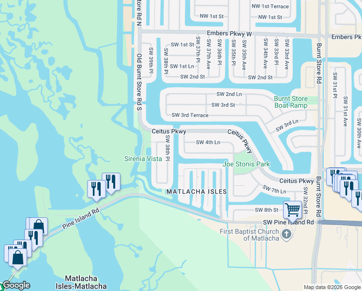 map of restaurants, bars, coffee shops, grocery stores, and more near 431 Southwest 38th Place in Cape Coral