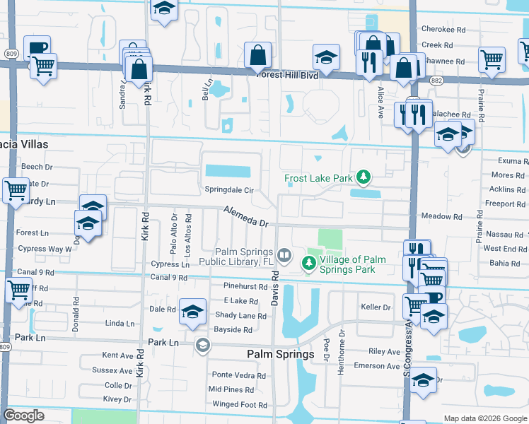 map of restaurants, bars, coffee shops, grocery stores, and more near 304 Alemeda Drive in Palm Springs