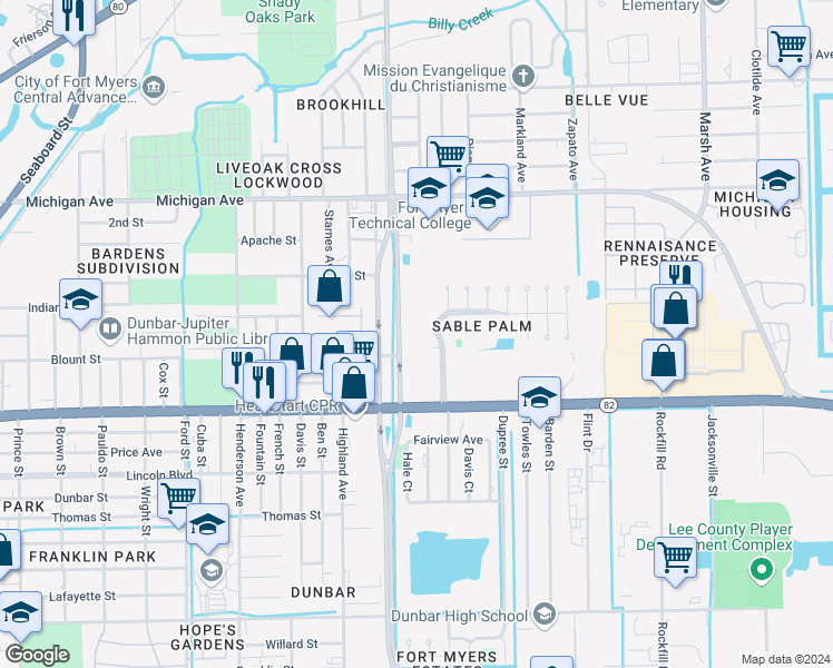 map of restaurants, bars, coffee shops, grocery stores, and more near 3705 Nelson Tillis Boulevard in Fort Myers