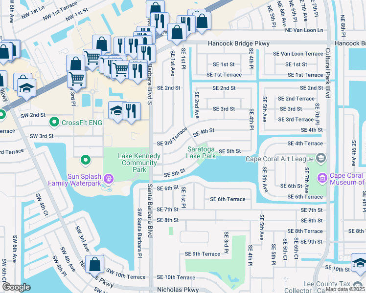 map of restaurants, bars, coffee shops, grocery stores, and more near 132 Southeast 4th Street in Cape Coral