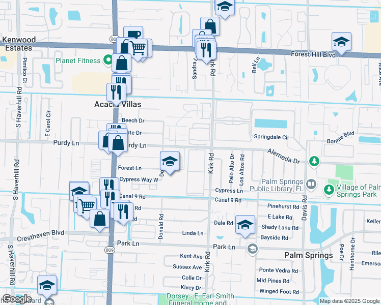 map of restaurants, bars, coffee shops, grocery stores, and more near 500 Village Green Circle West in Palm Springs