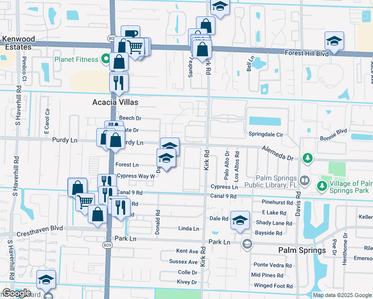 map of restaurants, bars, coffee shops, grocery stores, and more near 500 Village Green Circle West in Palm Springs